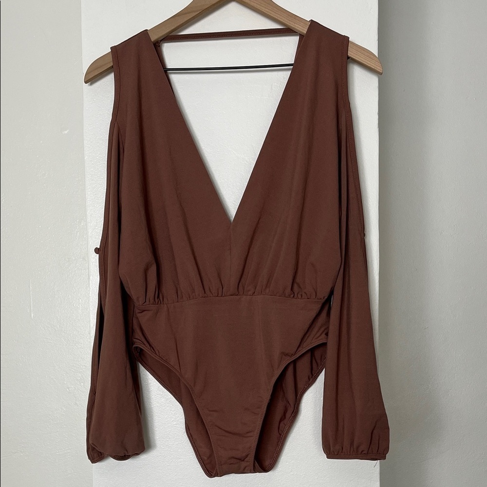 Dance & Marvel Brown Deep V Long Sleeve Bodysuit